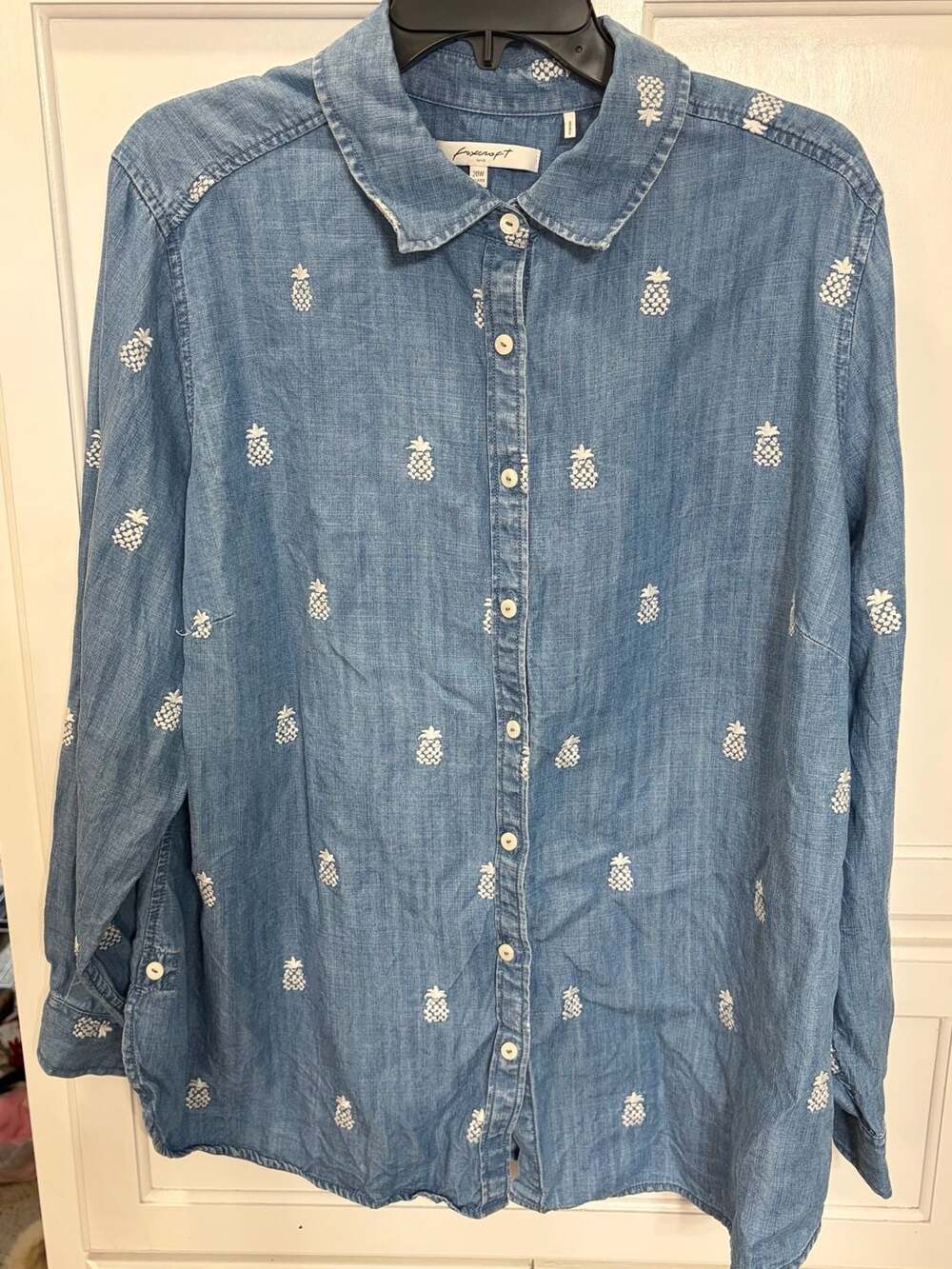 Foxcroft NYC Women's Embroidered Pineapple Long Sleeve Relaxed Denim Shirt, 20W
